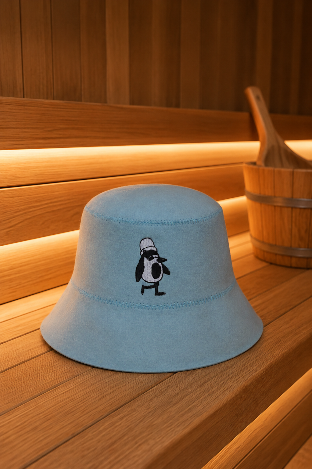 Steam blue merino wool sauna hat with an embroidered penguin on a wooden sauna bench, a wooden bucket beside it.