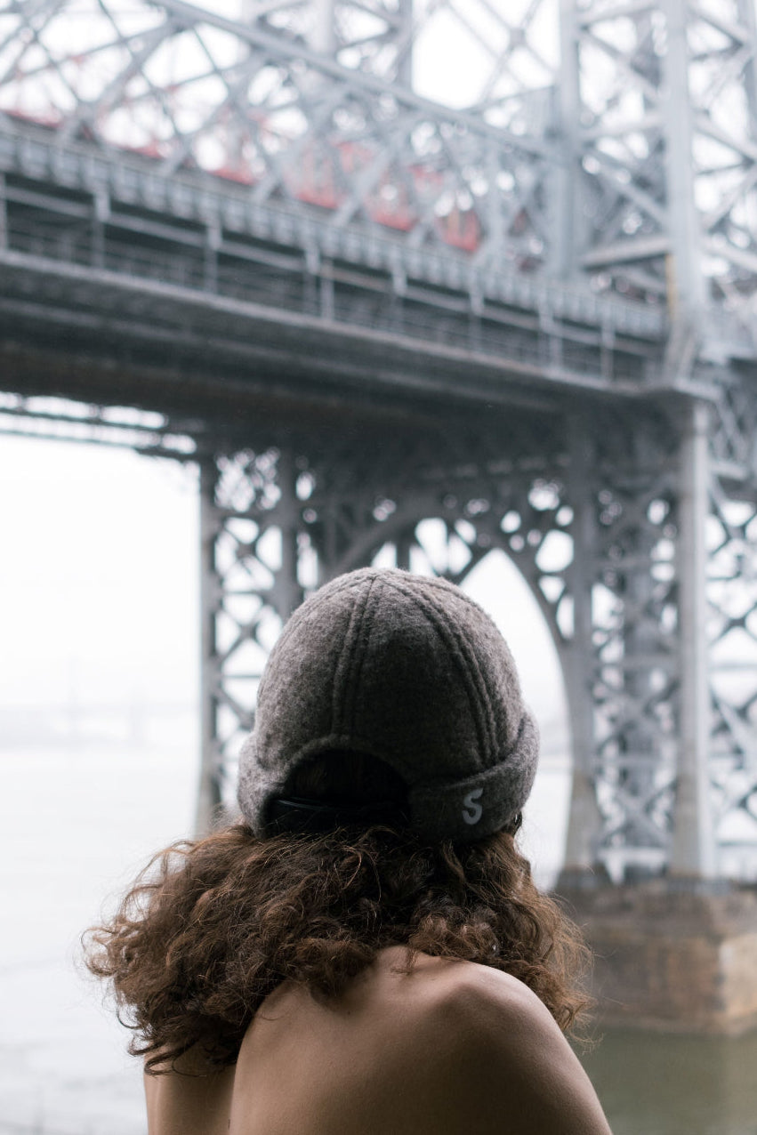 Schvitzin premium American merino wool sauna hat, Williamsburg Bridge, Brooklyn NY