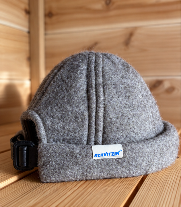 Schvitzin Original gray American merino wool sauna hat with woven label, handmade in New Jersey